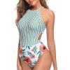 imageHolipick Womens One Piece Swimsuit Cutout High Neck Bathing Suits Tummy Control Swimwear for Teen GirlsGreen Stripe Floral