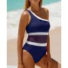 imageHolipick Womens One Shoulder One Piece Swimsuit Cutout Bathing Suits Mesh Slimming Swimwear for Teen GirlsNavy Blue and White