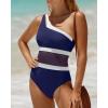 imageHolipick Womens One Shoulder One Piece Swimsuit Cutout Bathing Suits Mesh Slimming Swimwear for Teen GirlsNavy Blue and White