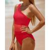imageHolipick Womens One Shoulder One Piece Swimsuit Cutout Bathing Suits Mesh Slimming Swimwear for Teen GirlsRed