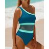 imageHolipick Womens One Shoulder One Piece Swimsuit Cutout Bathing Suits Mesh Slimming Swimwear for Teen GirlsTeal and Green