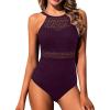imageHolipick Crochet Tummy Control One Piece Swimsuit Modest Bathing Suit High Neck Full Coverage SwimwearDark Purple