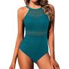 imageHolipick Crochet Tummy Control One Piece Swimsuit Modest Bathing Suit High Neck Full Coverage SwimwearTeal