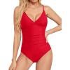 imageHolipick Tummy Control One Piece Swimsuits for Women Ruched Bathing Suits V Neck Slimming SwimwearRed 1