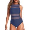imageHolipick Women High Neck One Piece Swimsuits for Women Mesh Bathing Suits Open Back SwimwearBlue
