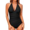 imageHolipick Women One Piece Swimsuit Tummy Control Halter Bathing Suit Sexy Plunge V Neck SwimwearBlack