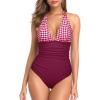 imageHolipick Women One Piece Swimsuit Tummy Control Halter Bathing Suit Sexy Plunge V Neck SwimwearRed Plaid