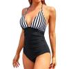 imageHolipick Women One Piece Swimsuits Tummy Control Bathing Suits Halter Swimwear Sexy V Neck Swim SuitBlack Striped