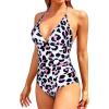 imageHolipick Women One Piece Swimsuits Tummy Control Bathing Suits Halter Swimwear Sexy V Neck Swim SuitWhite Leopard