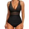 imageHolipick Women Tummy Control One Piece Swimsuit Sexy V Neck Mesh Bathing Suit Slimming Push Up SwimwearBlack