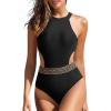 imageHolipick Womens One Piece Swimsuit Cutout High Neck Bathing Suits Tummy Control Swimwear for Teen GirlsBlack Waistband