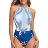 imageHolipick Womens One Piece Swimsuit Cutout High Neck Bathing Suits Tummy Control Swimwear for Teen GirlsBlue Stripe Floral