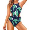 imageHolipick Womens One Piece Swimsuit Cutout High Neck Bathing Suits Tummy Control Swimwear for Teen GirlsNavy Blue Leaves