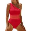 imageHolipick Womens One Shoulder One Piece Swimsuit Cutout Bathing Suits Mesh Slimming Swimwear for Teen GirlsRed