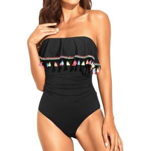 imageHolipick Strapless One Piece Swimsuits for Women Tummy Control Bandeau Bathing Suits Ruffle Slimming SwimwearBlack With Tassel