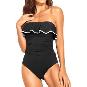 imageHolipick Strapless One Piece Swimsuits for Women Tummy Control Bandeau Bathing Suits Ruffle Slimming SwimwearBlack With White