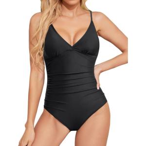imageHolipick Tummy Control One Piece Swimsuits for Women Ruched Bathing Suits V Neck Slimming SwimwearBlack 1
