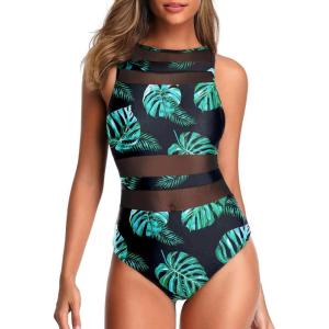 imageHolipick Women High Neck One Piece Swimsuits for Women Mesh Bathing Suits Open Back SwimwearBlack Leaves