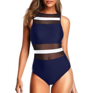 imageHolipick Women High Neck One Piece Swimsuits for Women Mesh Bathing Suits Open Back SwimwearBlue and White