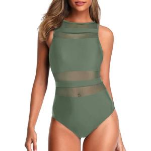 imageHolipick Women High Neck One Piece Swimsuits for Women Mesh Bathing Suits Open Back SwimwearCeladon