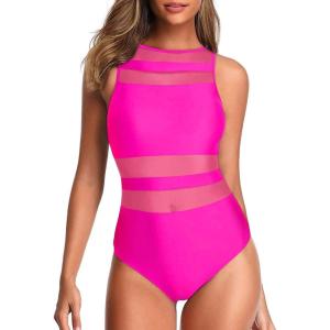imageHolipick Women High Neck One Piece Swimsuits for Women Mesh Bathing Suits Open Back SwimwearHot Pink