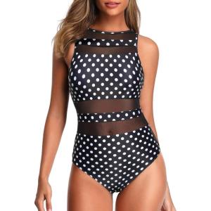imageHolipick Women High Neck One Piece Swimsuits for Women Mesh Bathing Suits Open Back SwimwearPolka Dot