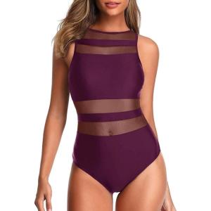 imageHolipick Women High Neck One Piece Swimsuits for Women Mesh Bathing Suits Open Back SwimwearPurple