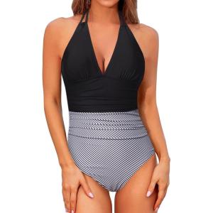 imageHolipick Women One Piece Swimsuit Tummy Control Halter Bathing Suit Sexy Plunge V Neck SwimwearBlack Striped