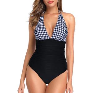 imageHolipick Women One Piece Swimsuit Tummy Control Halter Bathing Suit Sexy Plunge V Neck SwimwearBlack White