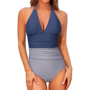 imageHolipick Women One Piece Swimsuit Tummy Control Halter Bathing Suit Sexy Plunge V Neck SwimwearBlue