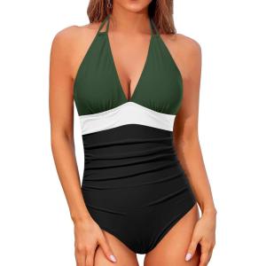 imageHolipick Women One Piece Swimsuit Tummy Control Halter Bathing Suit Sexy Plunge V Neck SwimwearGreen White Black