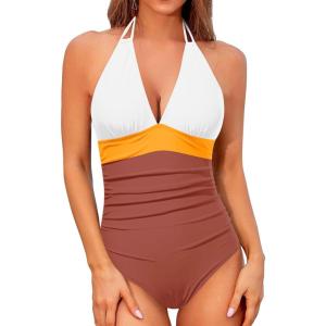 imageHolipick Women One Piece Swimsuit Tummy Control Halter Bathing Suit Sexy Plunge V Neck SwimwearWhite Orange Brown