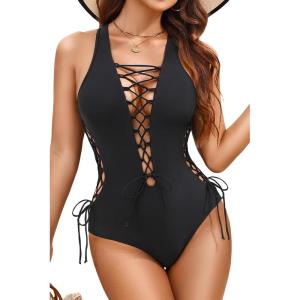 imageHolipick Women Sexy One Piece Swimsuit One Shoulder Bathing Suit Lace Up Swimwear MonokiniBlack