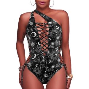 imageHolipick Women Sexy One Piece Swimsuit One Shoulder Bathing Suit Lace Up Swimwear MonokiniBlack White Sun  Moon