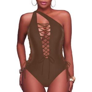 imageHolipick Women Sexy One Piece Swimsuit One Shoulder Bathing Suit Lace Up Swimwear MonokiniBrown