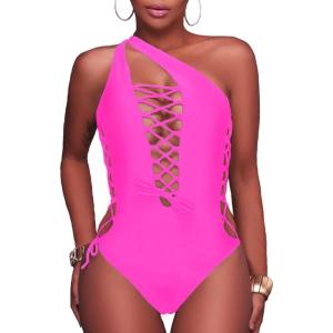 imageHolipick Women Sexy One Piece Swimsuit One Shoulder Bathing Suit Lace Up Swimwear MonokiniHot Pink