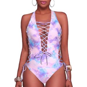 imageHolipick Women Sexy One Piece Swimsuit One Shoulder Bathing Suit Lace Up Swimwear MonokiniPink and Purple
