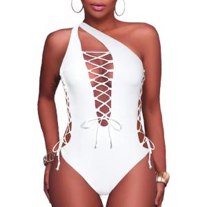 imageHolipick Women Sexy One Piece Swimsuit One Shoulder Bathing Suit Lace Up Swimwear MonokiniWhite
