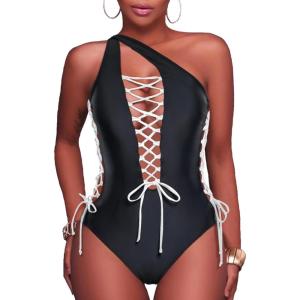 imageHolipick Women Sexy One Piece Swimsuit One Shoulder Bathing Suit Lace Up Swimwear MonokiniWhite Strap