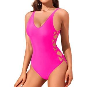 imageHolipick Women Sexy One Piece Swimsuits Strappy Bathing Suits Criss Cross Monokini Lace Up SwimwearHot Pink2