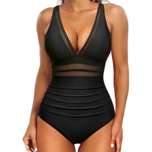 imageHolipick Women Tummy Control One Piece Swimsuit Sexy V Neck Mesh Bathing Suit Slimming Push Up SwimwearBlack