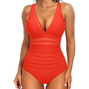 imageHolipick Women Tummy Control One Piece Swimsuit Sexy V Neck Mesh Bathing Suit Slimming Push Up SwimwearRed