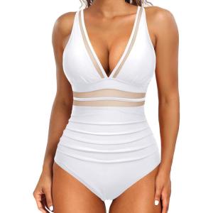 imageHolipick Women Tummy Control One Piece Swimsuit Sexy V Neck Mesh Bathing Suit Slimming Push Up SwimwearWhite