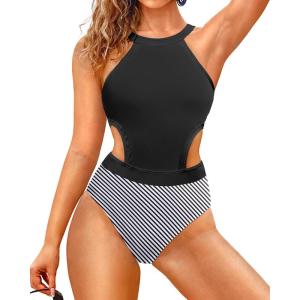 imageHolipick Womens One Piece Swimsuit Cutout High Neck Bathing Suits Tummy Control Swimwear for Teen GirlsBlack Stripe