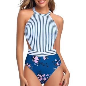 imageHolipick Womens One Piece Swimsuit Cutout High Neck Bathing Suits Tummy Control Swimwear for Teen GirlsBlue Stripe Floral