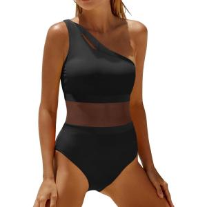 imageHolipick Womens One Shoulder One Piece Swimsuit Cutout Bathing Suits Mesh Slimming Swimwear for Teen GirlsBlack