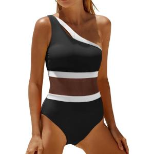 imageHolipick Womens One Shoulder One Piece Swimsuit Cutout Bathing Suits Mesh Slimming Swimwear for Teen GirlsBlack and White