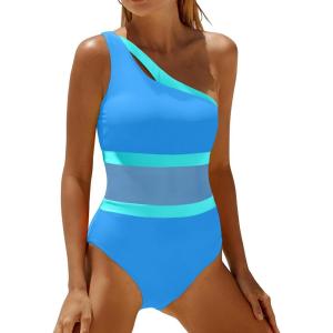 imageHolipick Womens One Shoulder One Piece Swimsuit Cutout Bathing Suits Mesh Slimming Swimwear for Teen GirlsBlue