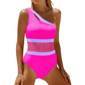 imageHolipick Womens One Shoulder One Piece Swimsuit Cutout Bathing Suits Mesh Slimming Swimwear for Teen GirlsPink and Purple