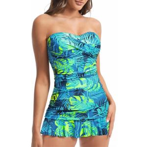 imageHolipick Womens Tummy Control One Piece Swim Dress Strapless Swimsuit Bandeau Skirted Bathing SuitsBlue Floral